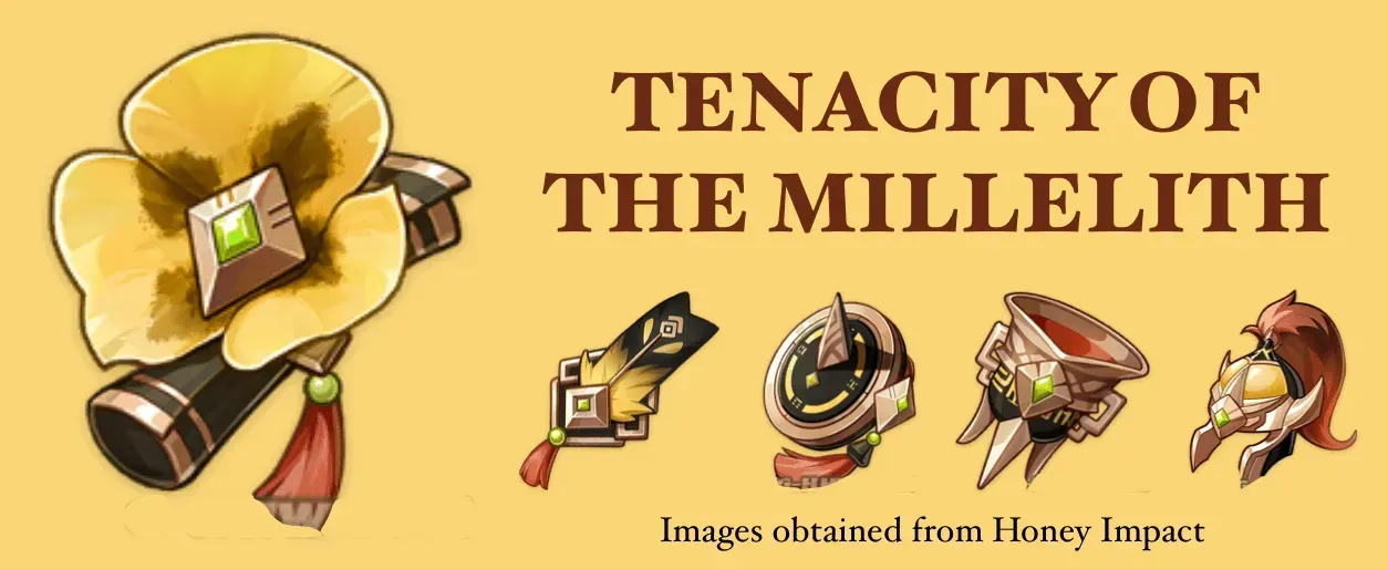 Tenacity of the Millelith artifact set pieces with stat bonuses displayed