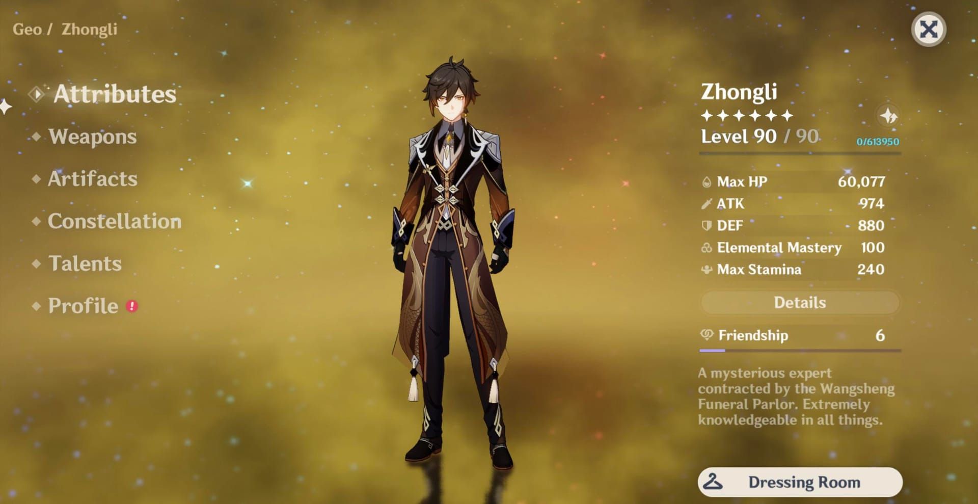 Zhongli character interface displaying high HP stats and shield strength