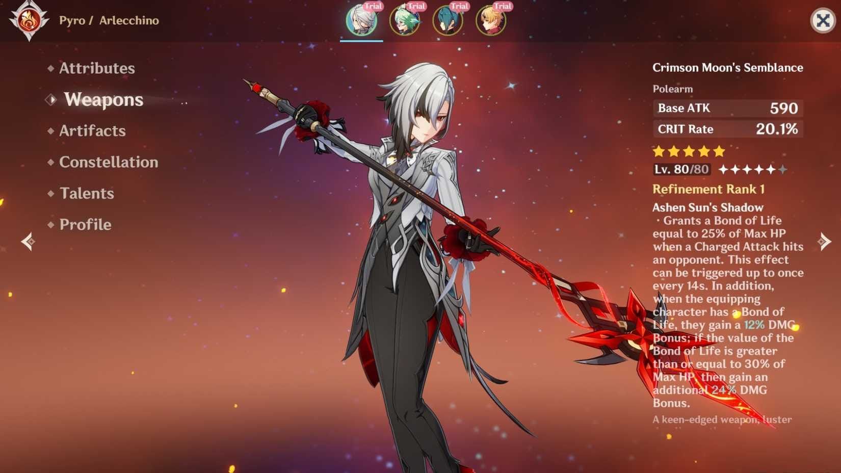 Genshin Impact interface showing Arlecchino's Bond of Life status effect