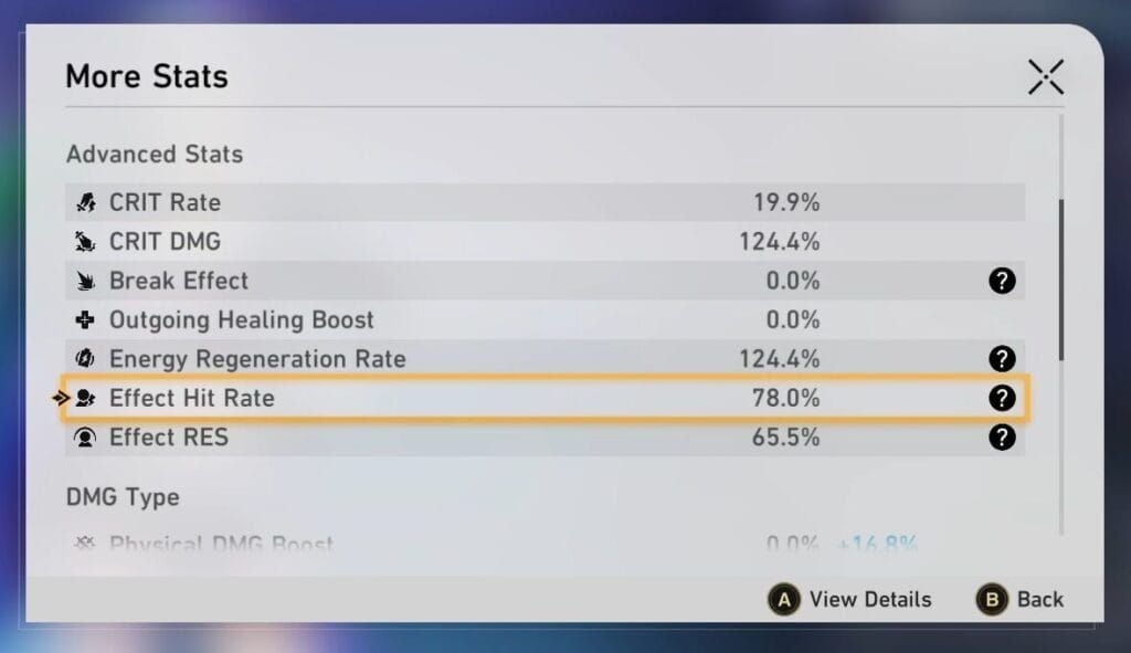 Honkai Star Rail character stats screen displaying Effect Hit Rate percentage and debuff mechanics