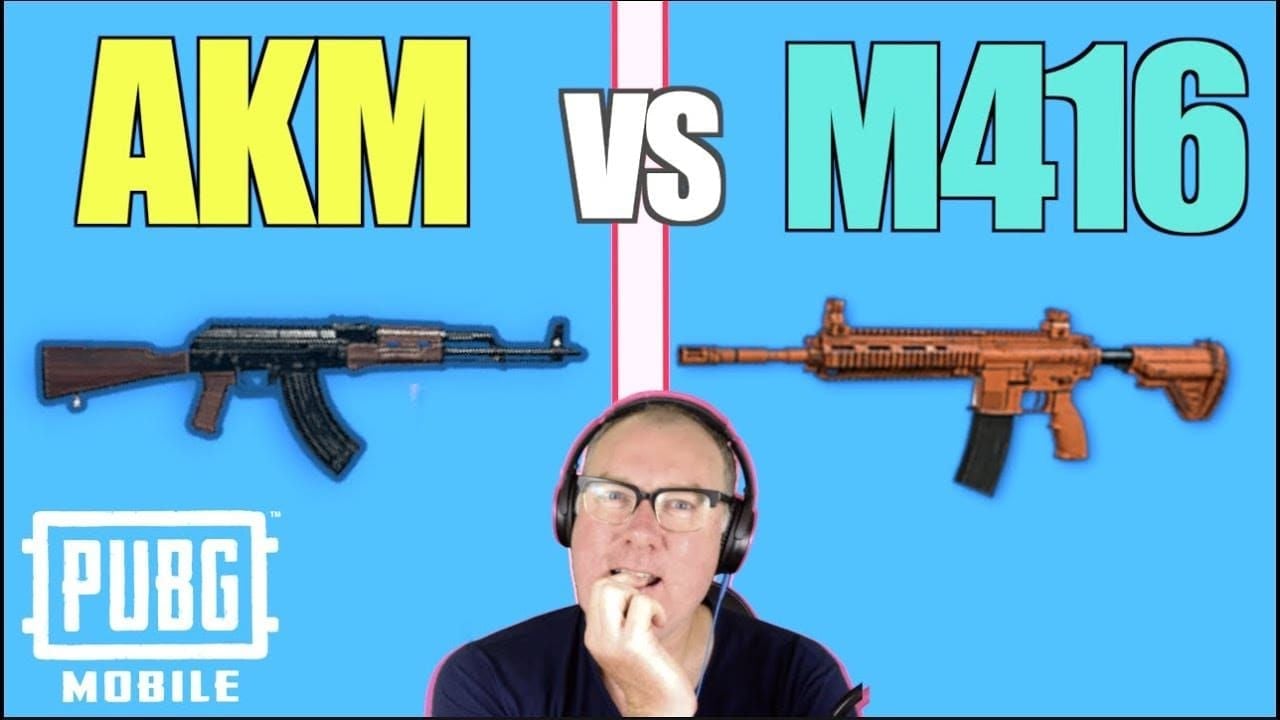 PUBG Mobile weapon comparison showing M416, AKM, and UMP45 with damage stats