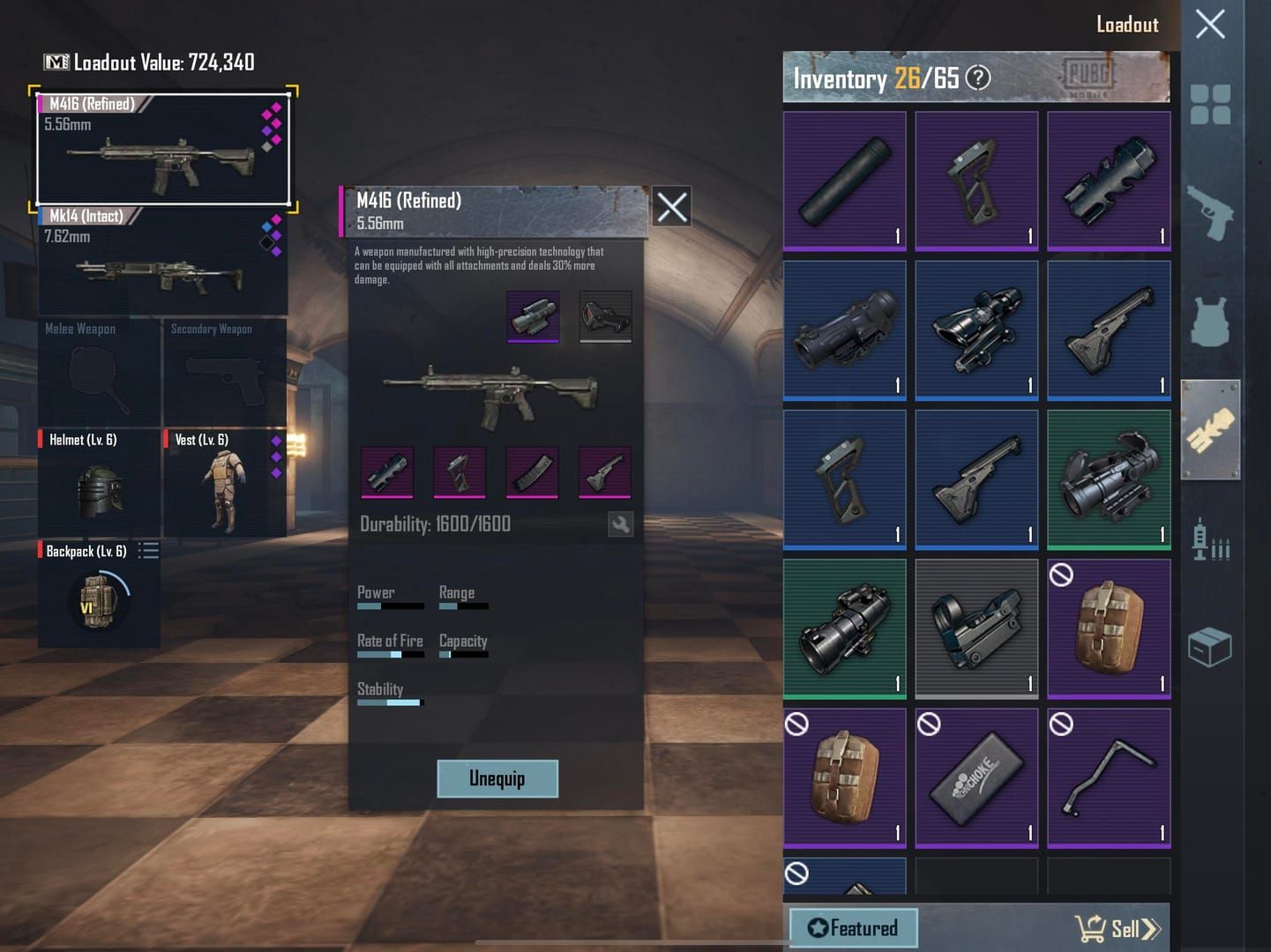 Recommended Metro Royale loadout showing Level 7 armor, Level 6 helmet, AUG weapon, and tactical equipment