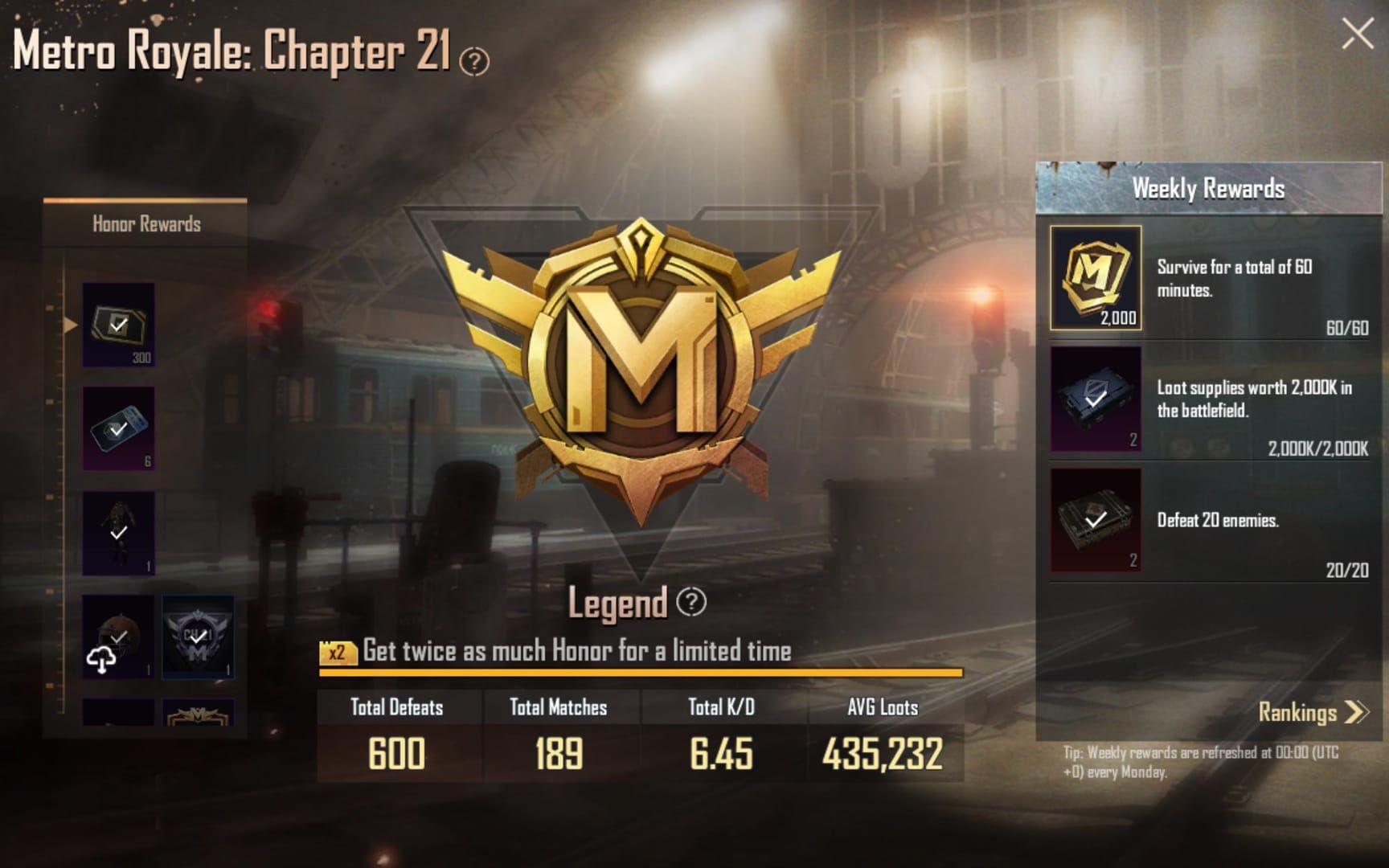 PUBG Mobile Metro Royale 4.1 Fame system interface showing Honor tier progression from Adventurer to Legend