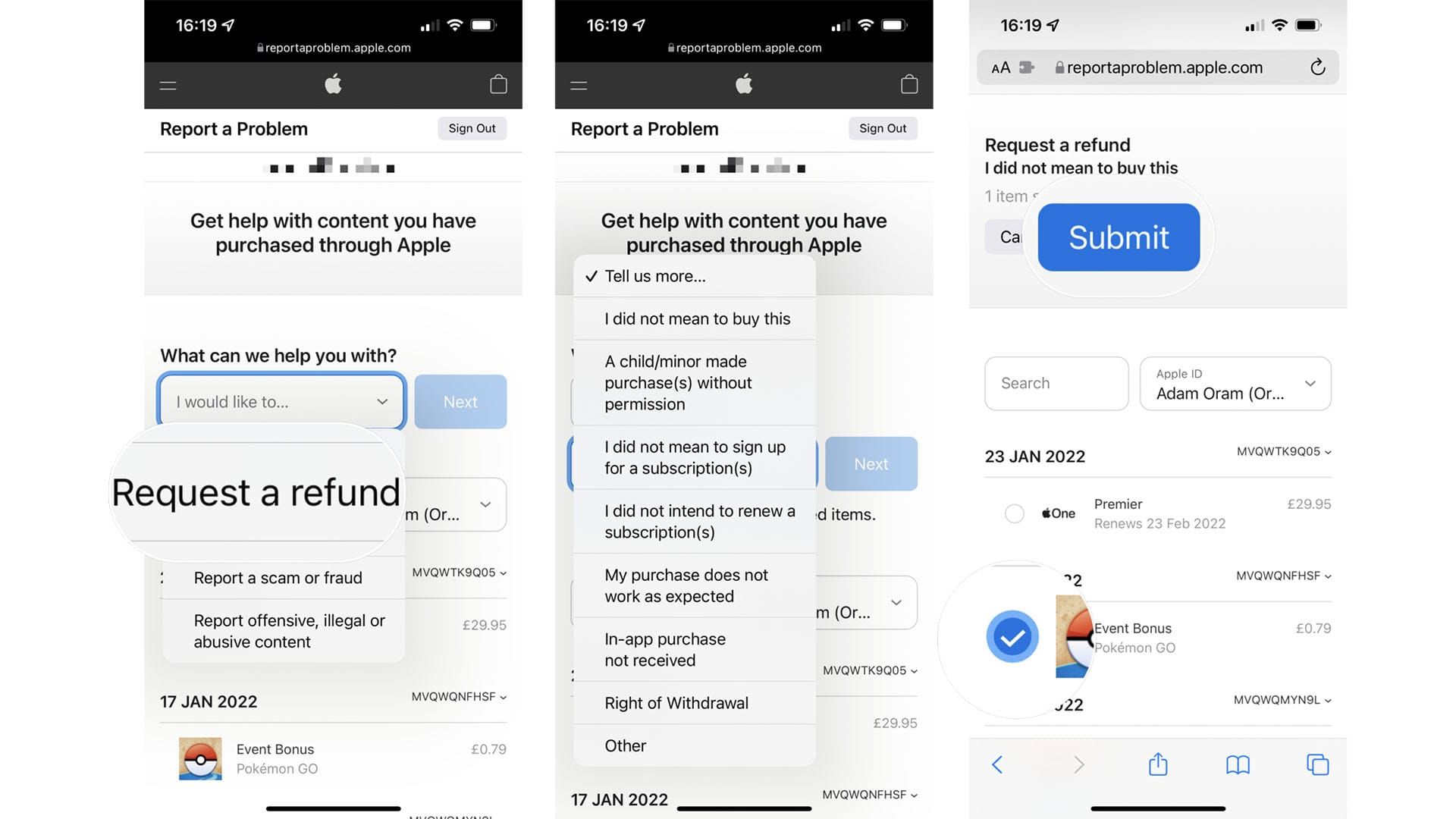 Apple App Store refund request interface for in-app purchases