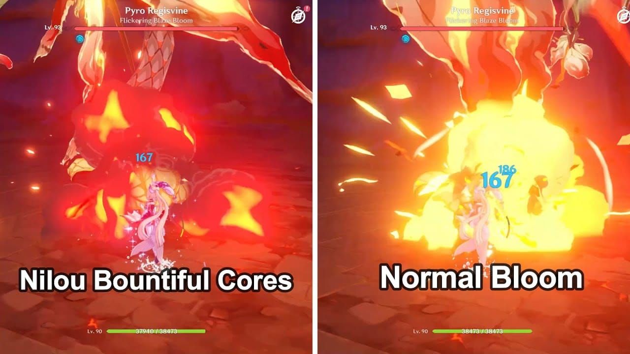 Comparison between standard Bloom cores and Nilou's enhanced Bountiful Cores showing increased AoE damage radius