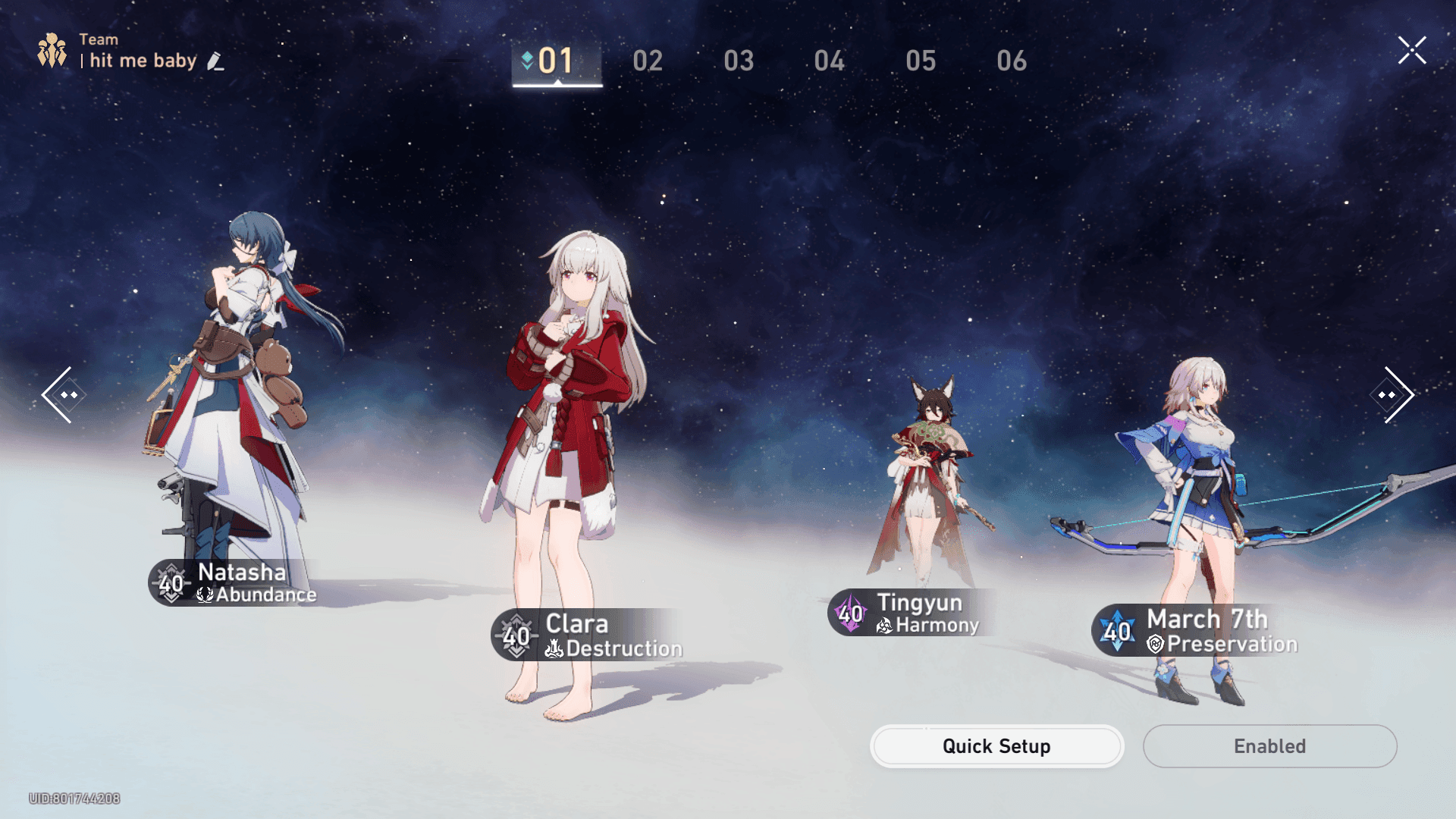 Honkai Star Rail Physical team composition showing Clara, March 7th, Tingyun, and Natasha