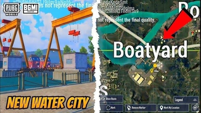 PUBG Mobile gameplay view from elevated position in Boatyards showing tactical advantage