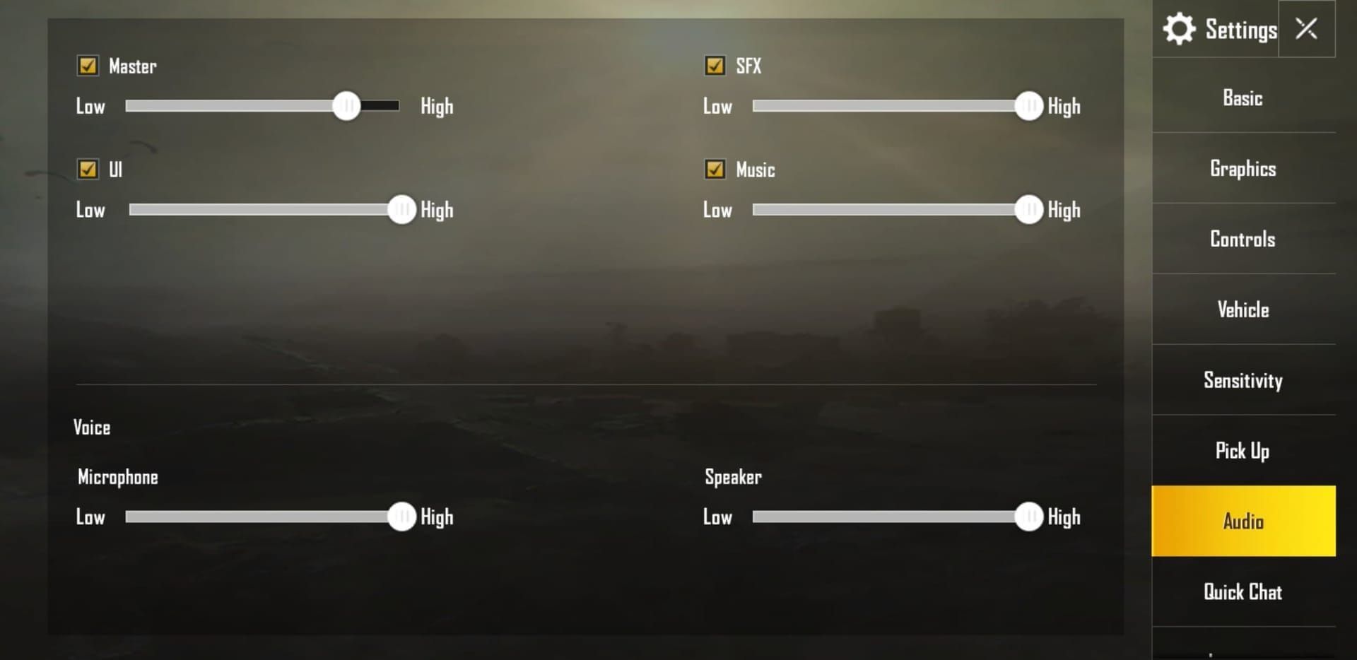 PUBG Mobile audio settings interface showing optimal volume configuration for competitive gameplay