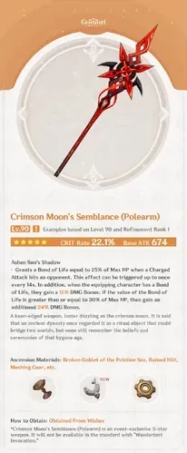 Crimson Moon's Semblance weapon statistics showing 674 Base ATK and 22.1% CRIT Rate at Level 90