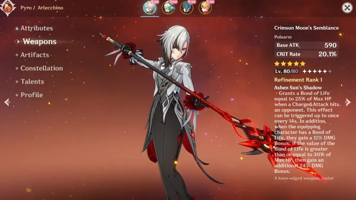 Arlecchino character equipped with Crimson Moon's Semblance polearm