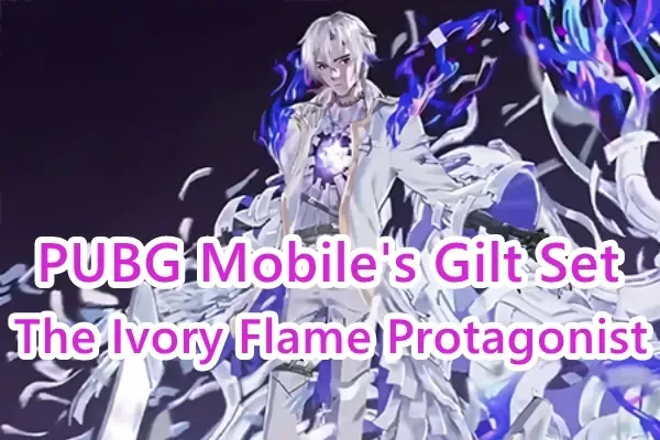 PUBG Mobile character wearing the complete Ivory Flame Protagonist Gilt Set with golden details