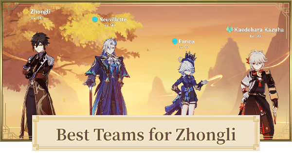 Team selection screen showing Zhongli with recommended teammates for Geo resonance