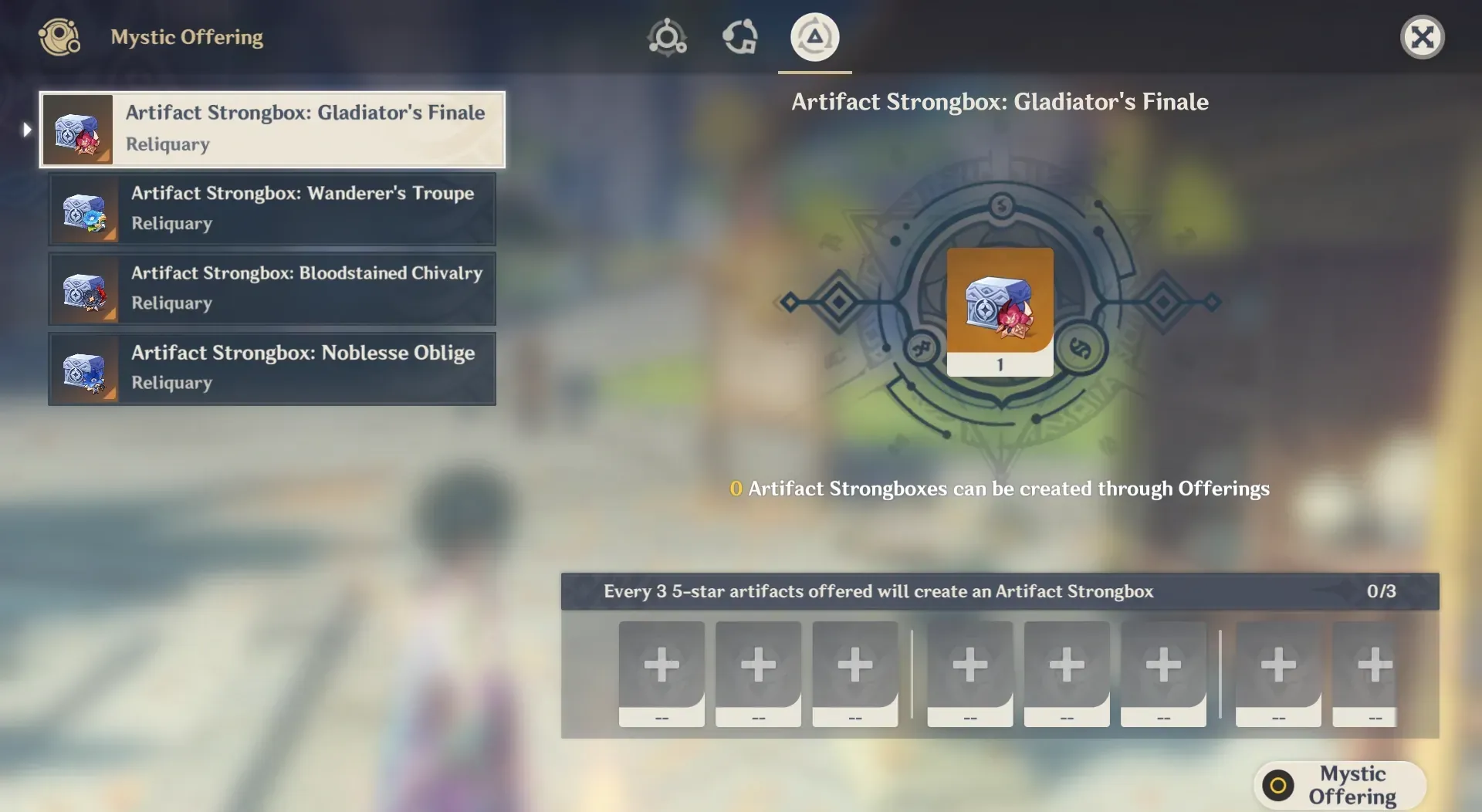 Genshin Impact Strongbox interface displaying artifact exchange system