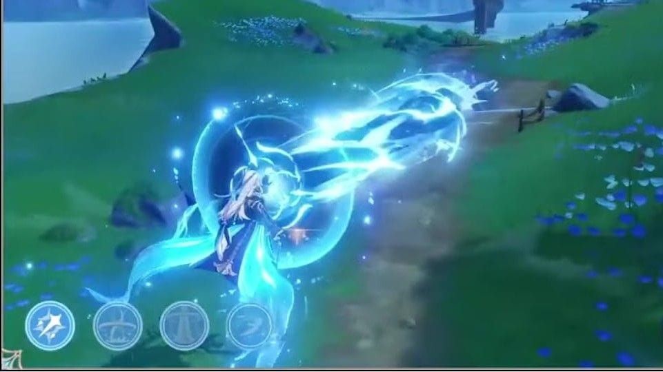 Neuvillette executing his Equitable Judgment Charged Attack with visual damage effects