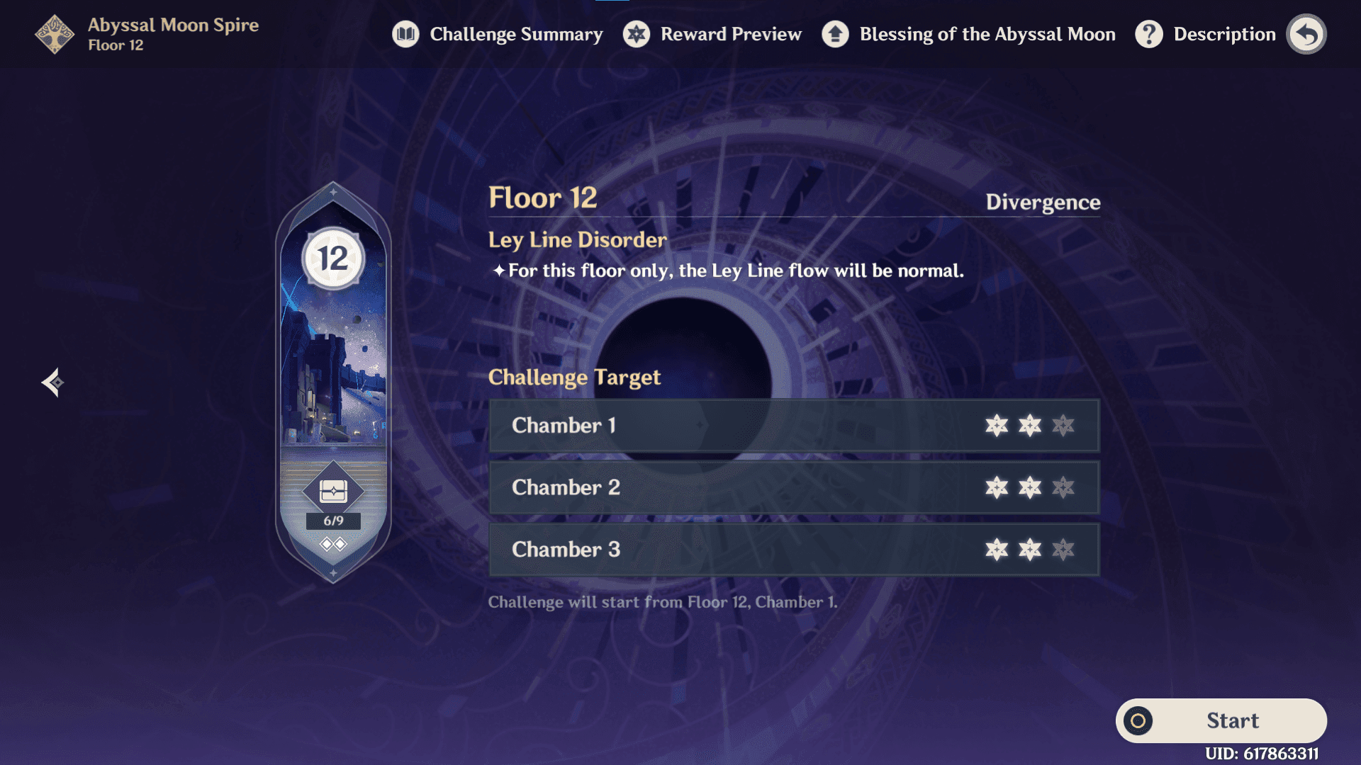 Spiral Abyss Floor 12 interface showing chamber layout and completion statistics