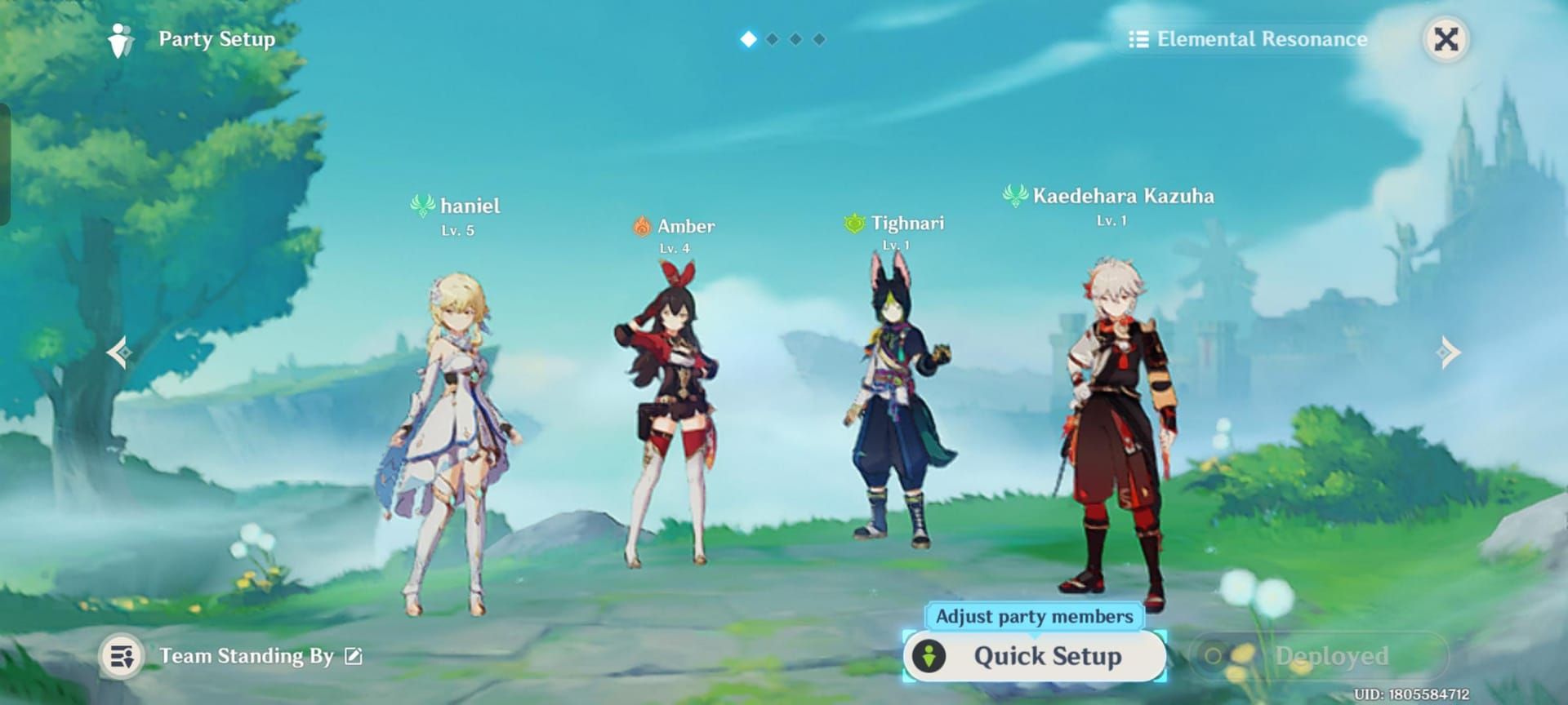 Genshin Impact team composition screen showing Arlecchino, Yelan, Bennett, and Zhongli party setup