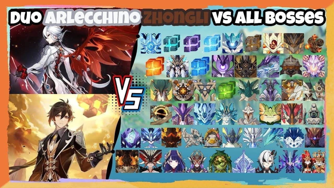 Zhongli and Arlecchino character artwork showing their synergistic partnership in Genshin Impact