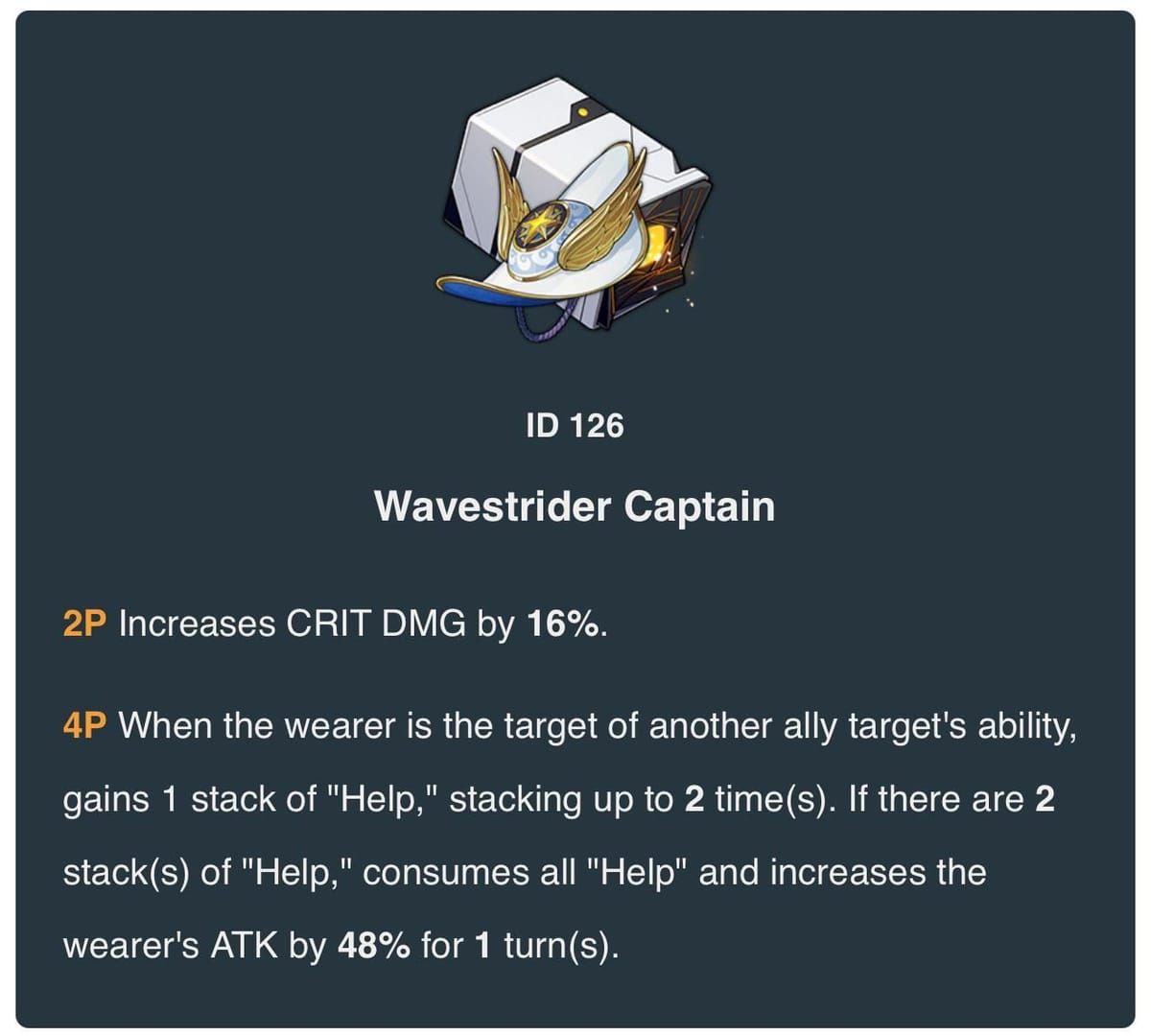 Wavestrider Captain relic set showing the equipment pieces and stat bonuses