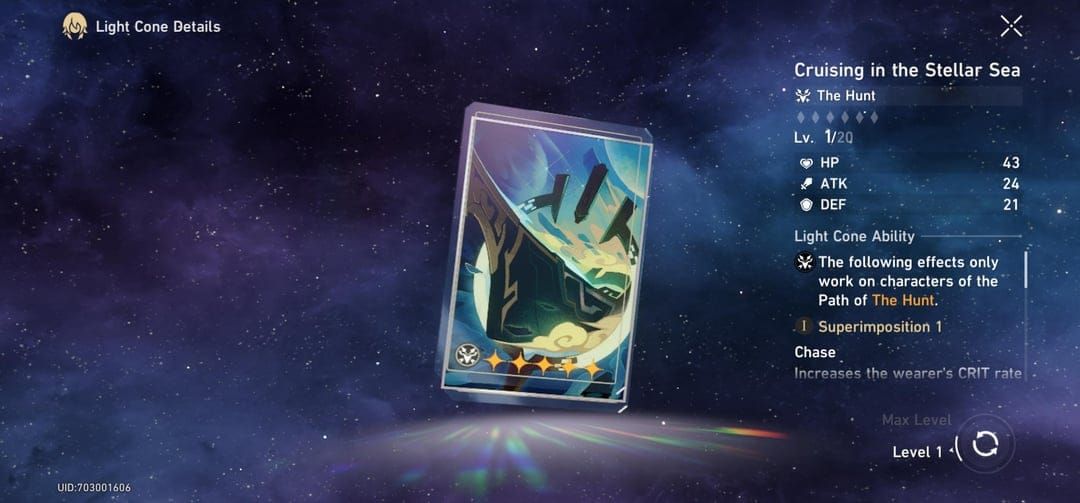 Honkai Star Rail Cruising in the Stellar Sea light cone showing CRIT Rate and ATK bonuses for Archer