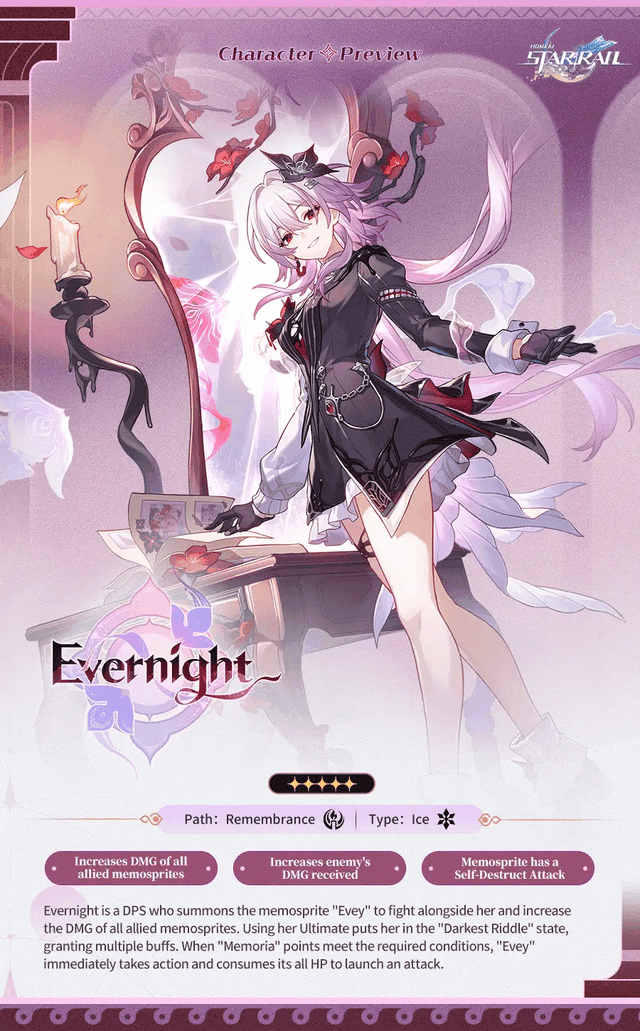 Honkai Star Rail Evernight character with memosprite Evey showcasing their combat synergy