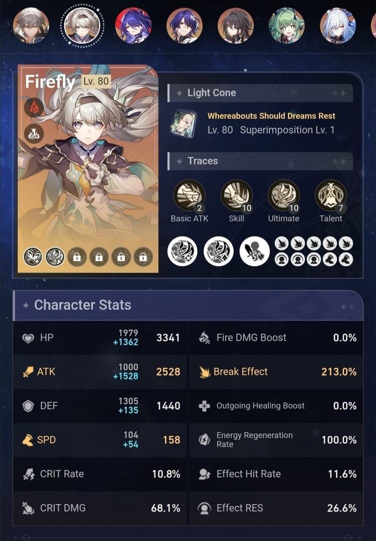 Honkai Star Rail Firefly character with stat display