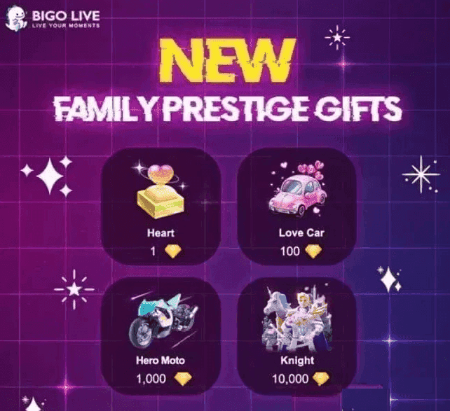 BIGO LIVE gift catalog showing various gift options from hearts to Love Carriage with diamond prices