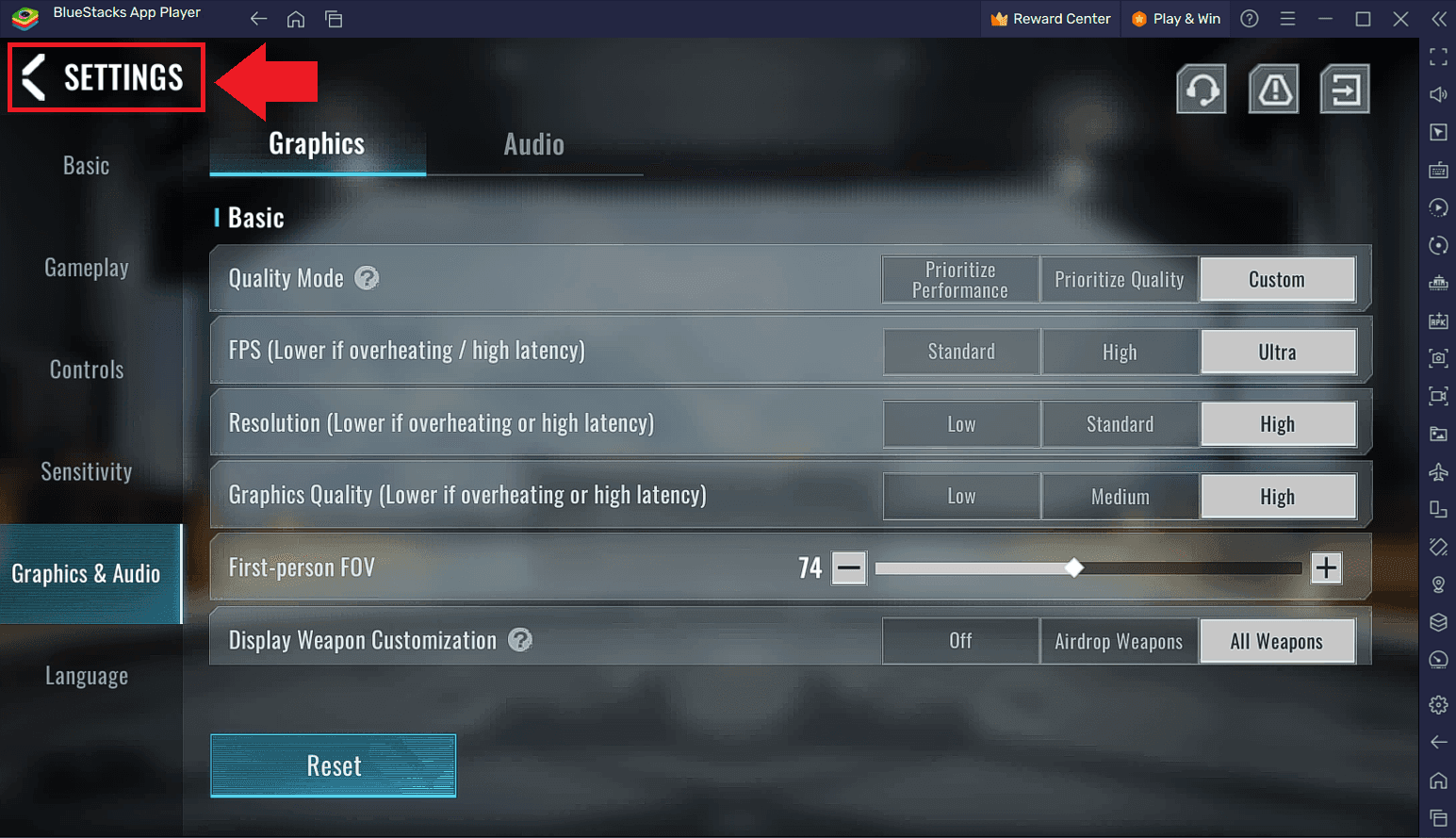 Blood Strike graphics settings interface showing FPS cap and display refresh rate options