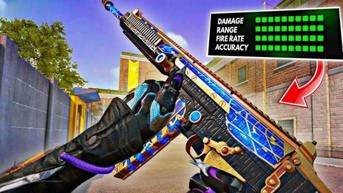 Blood Strike weapon customization screen showing optimal FAL loadout with compensator, 4x scope, vertical grip, tactical stock, and extended magazine