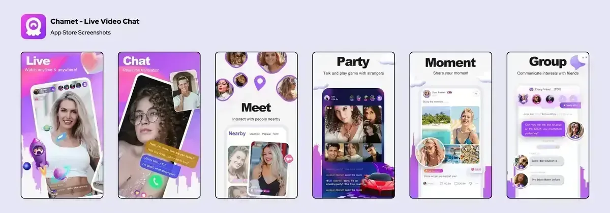 Chamet party room screenshot with multiple participants and gift interactions