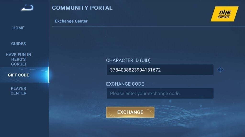Official Honor of Kings Exchange Center website showing code redemption interface