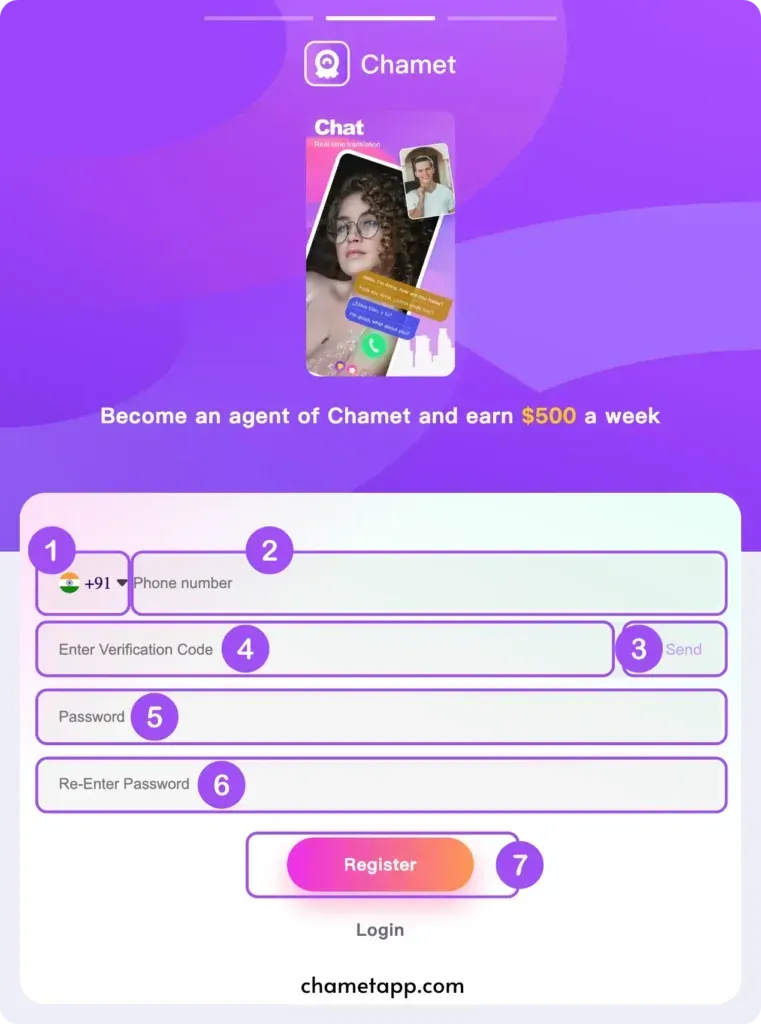 Visual guide showing Chamet account registration process with numbered steps from app download to profile creation