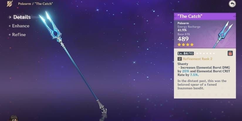 The Catch R5 weapon stats and details in Genshin Impact showing its F2P optimization potential