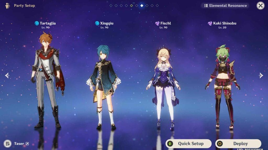 Genshin Impact Taser team combat screenshot showing Electro-Charged reactions in Spiral Abyss