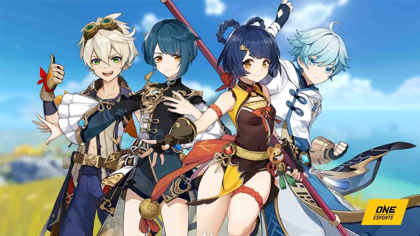 Genshin Impact National team composition showing Xiangling, Bennett, Xingqiu, and Sucrose with their recommended builds