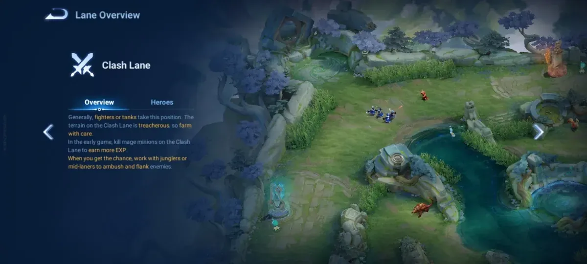 Honor of Kings game map showing five lane positions: Solo/Clash, Jungle, Mid, Duo/Farm, and Roam lanes with role indicators