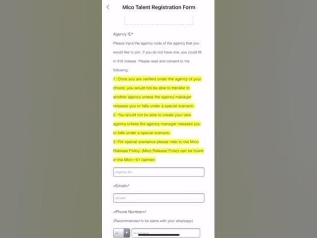 MICO Live Hot page showing MICO TALENT registration form location