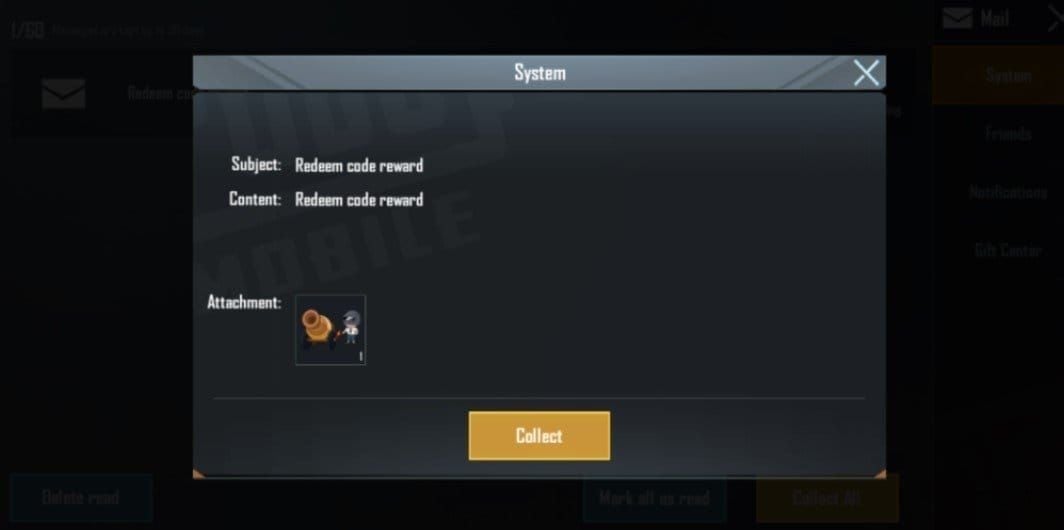 PUBG Mobile in-game mail interface showing reward collection