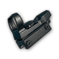 PUBG Mobile gameplay screenshot showing red dot sight aiming down sights view