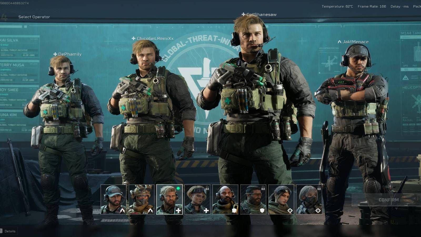 Delta Force Hawk Ops operator class selection showing D-Wolf, Luna, Stinger and Engineer characters
