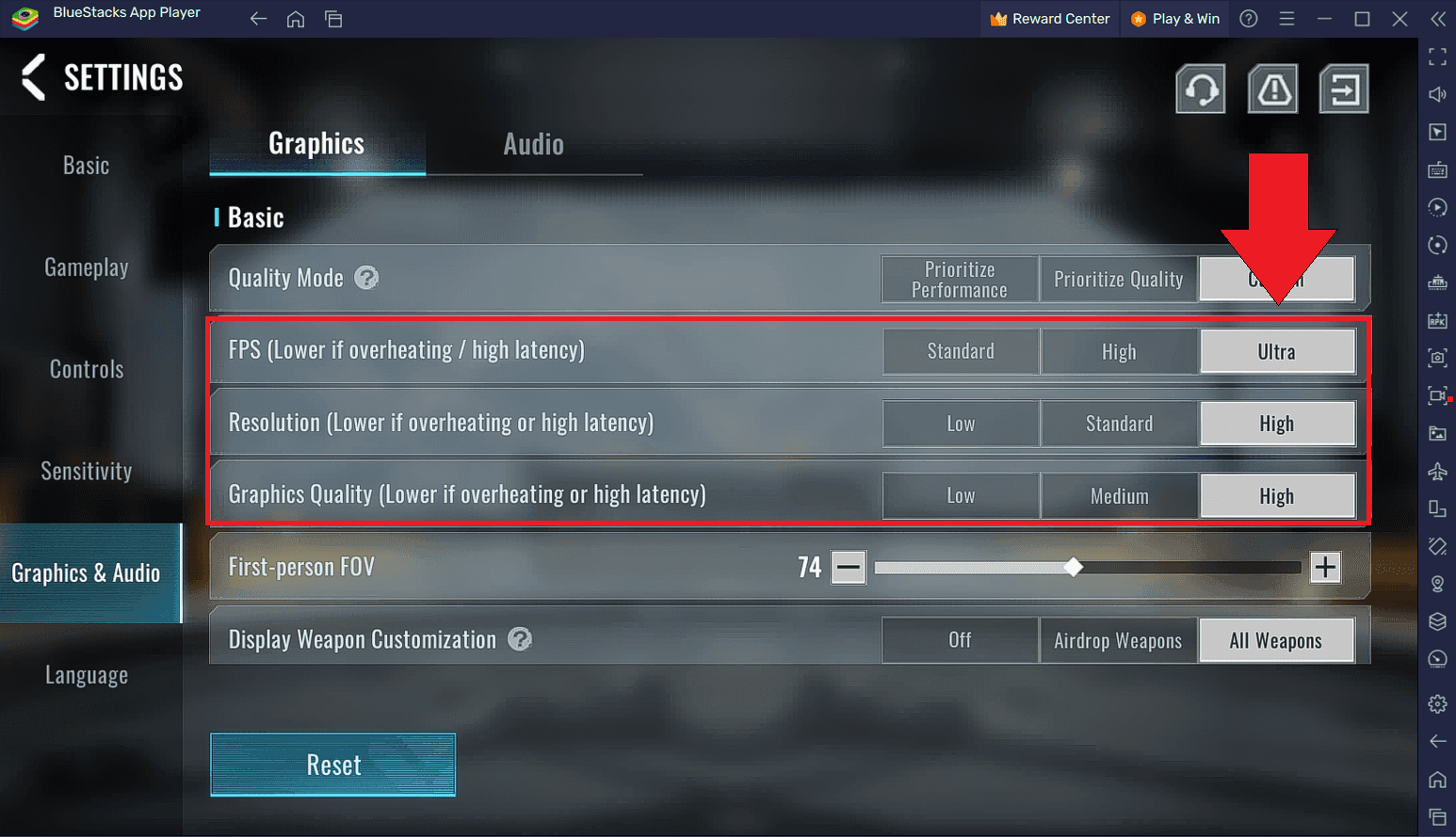 Blood Strike game settings interface displaying graphics and performance optimization options