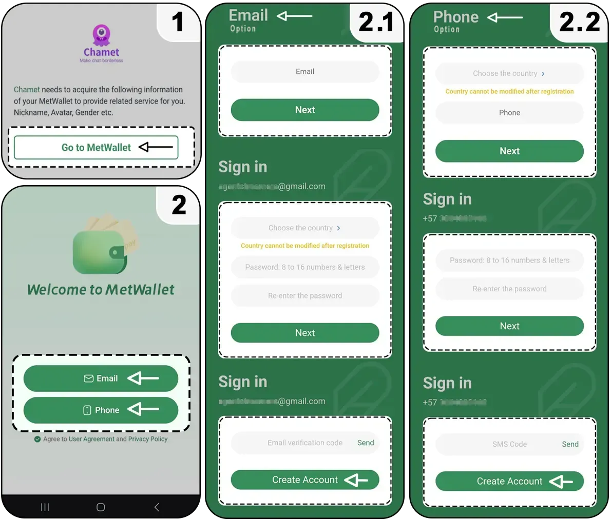 Chamet withdrawal interface showing MetWallet cash-out process