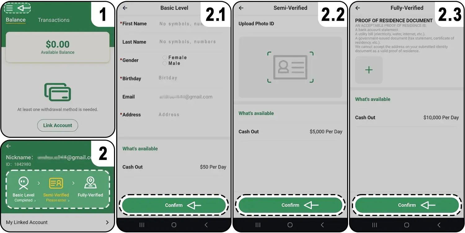 Metwallet interface showing withdrawal options and verification level requirements