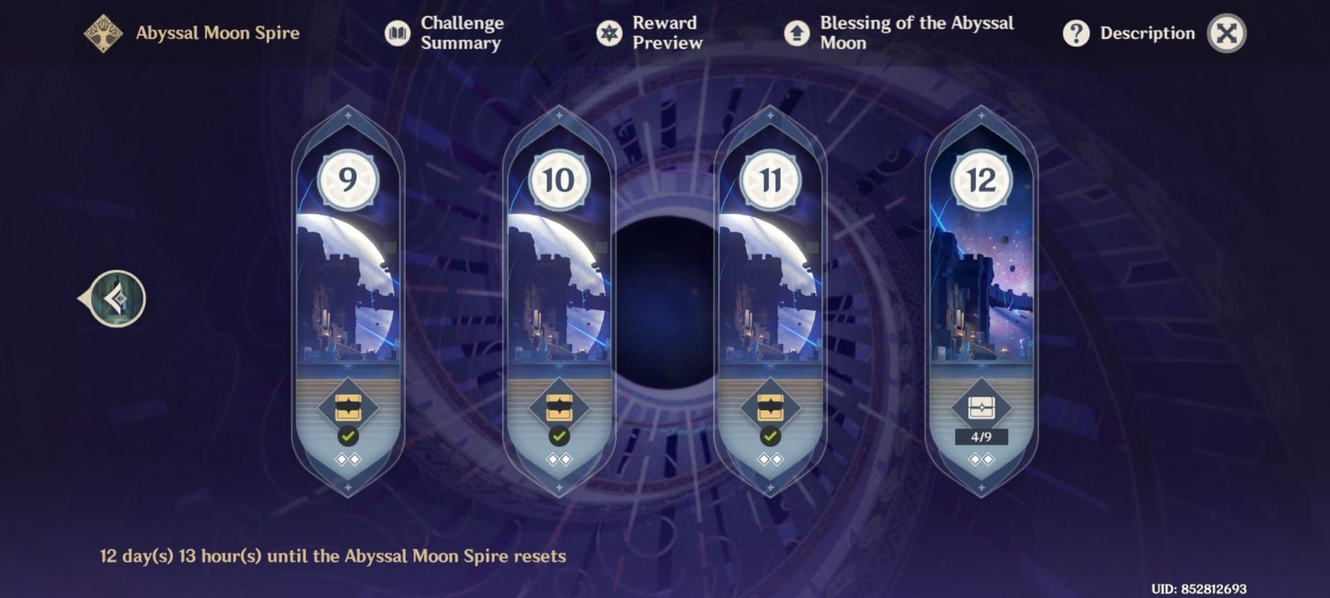 Genshin Impact Spiral Abyss Floor 12 screenshot showing enemy lineup and damage buffs