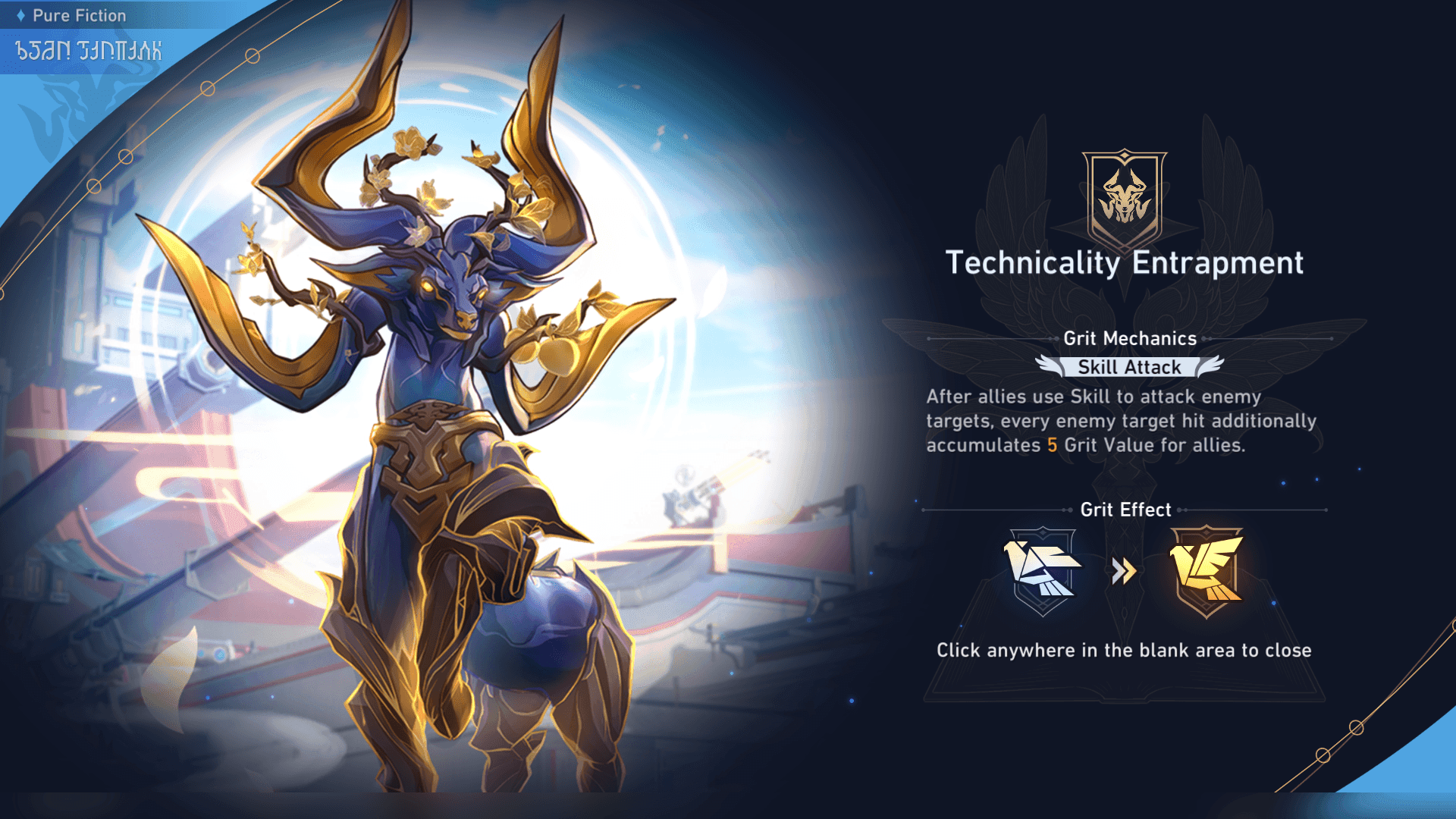 Pure Fiction battle screen showing Grit system and Cacophonies buff mechanics