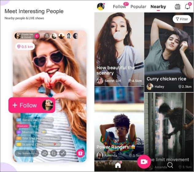 Likee mobile app interface with Popular, Follow, and Bigo Live tabs