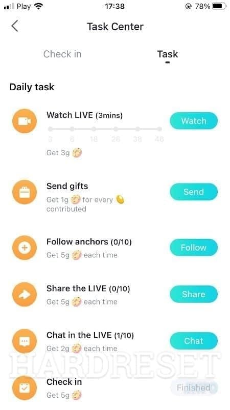 Bigo Live daily XP routine guide showing check-in, watch, share, broadcast, and task claims