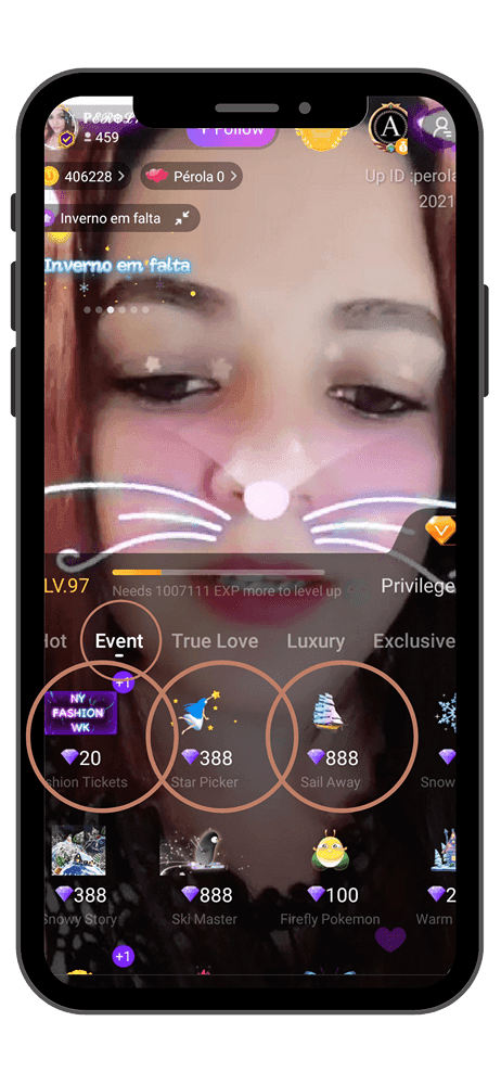 Uplive gift tiers and Diamond packs screenshot