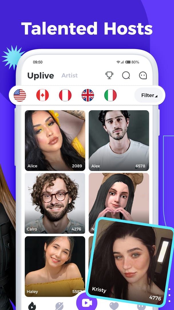 Uplive first live stream interface with chat and gifts