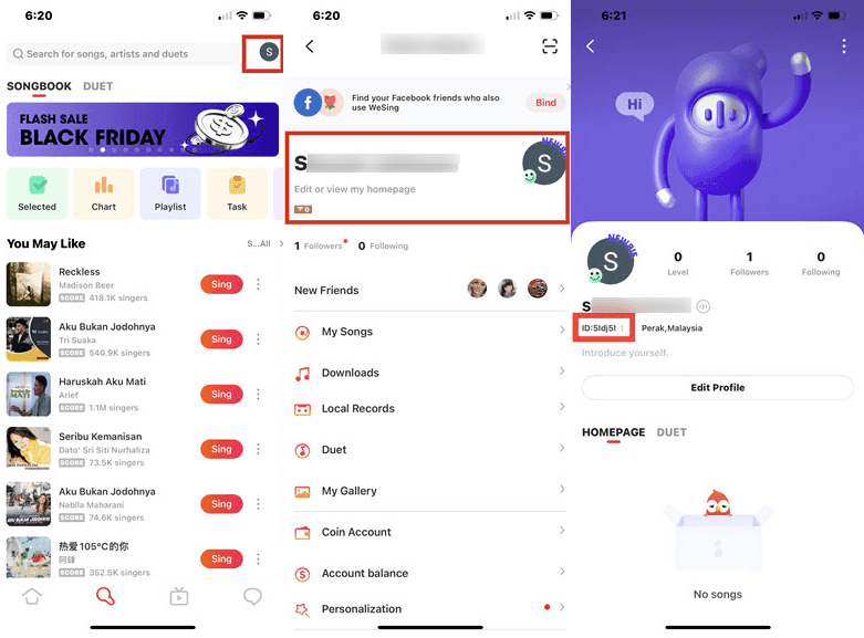 WeSing app screenshot showing profile ID under nickname