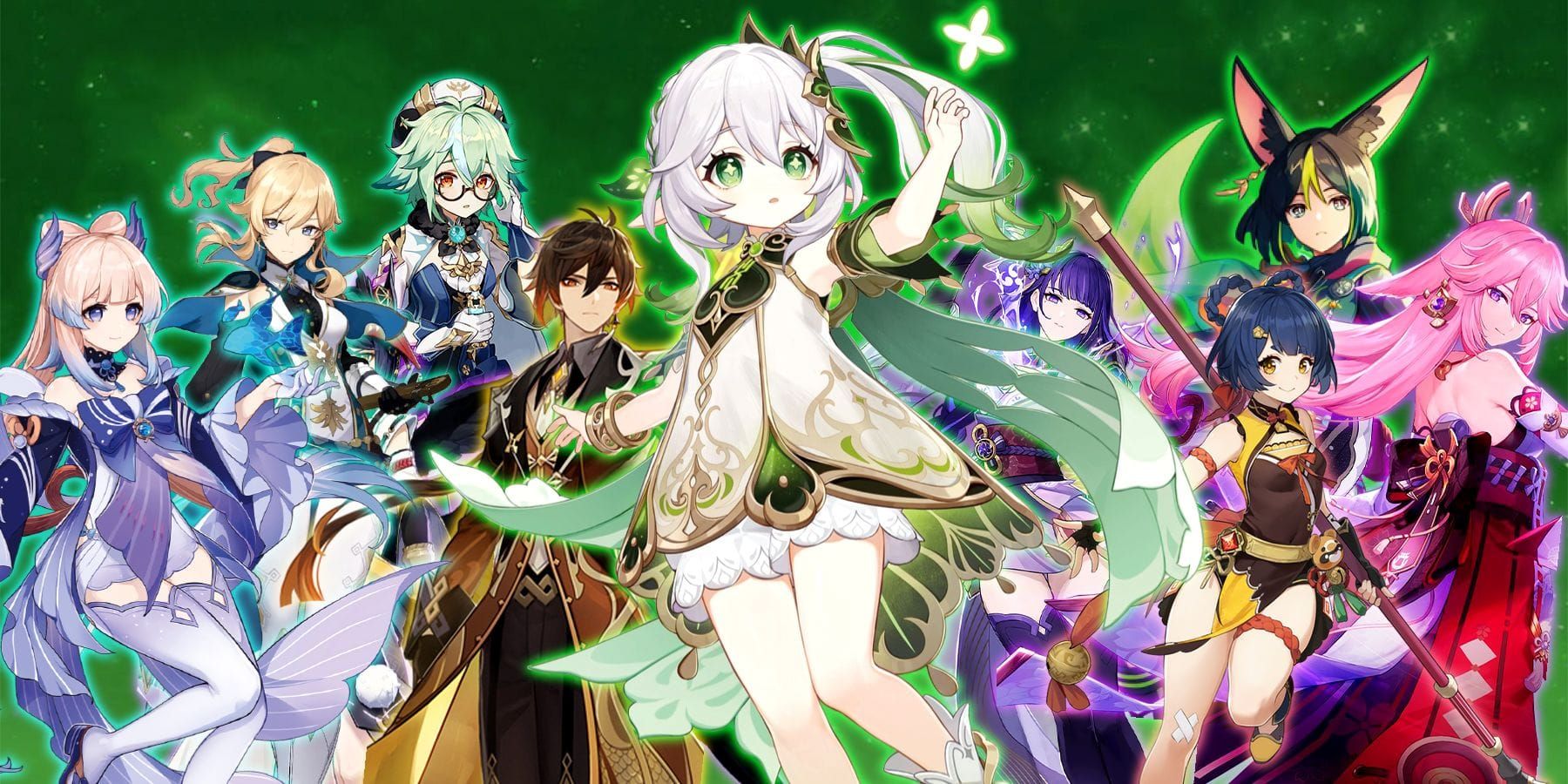 Genshin Impact Nahida Hyperbloom team with Nahida, Raiden, Yelan, and Kuki